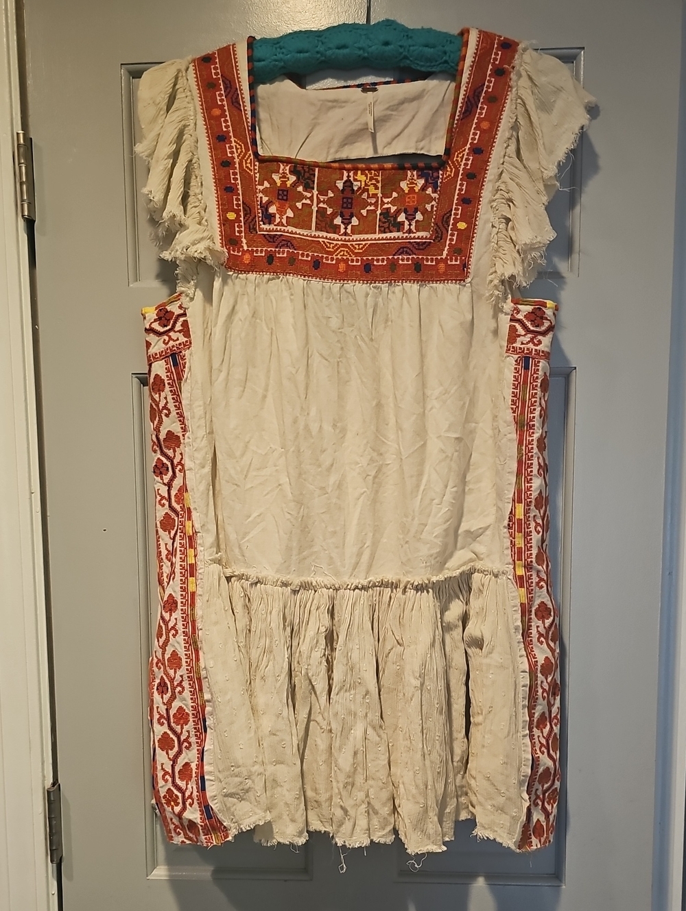 Free People Ivory Mini Dress  Red Orange Bohemian Embroidered Large